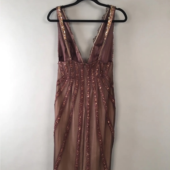 Mandalay Vintage Brown Beaded Gown Sequined Crystals Dress Deep V Neck 90s Y2K - Picture 5 of 12
